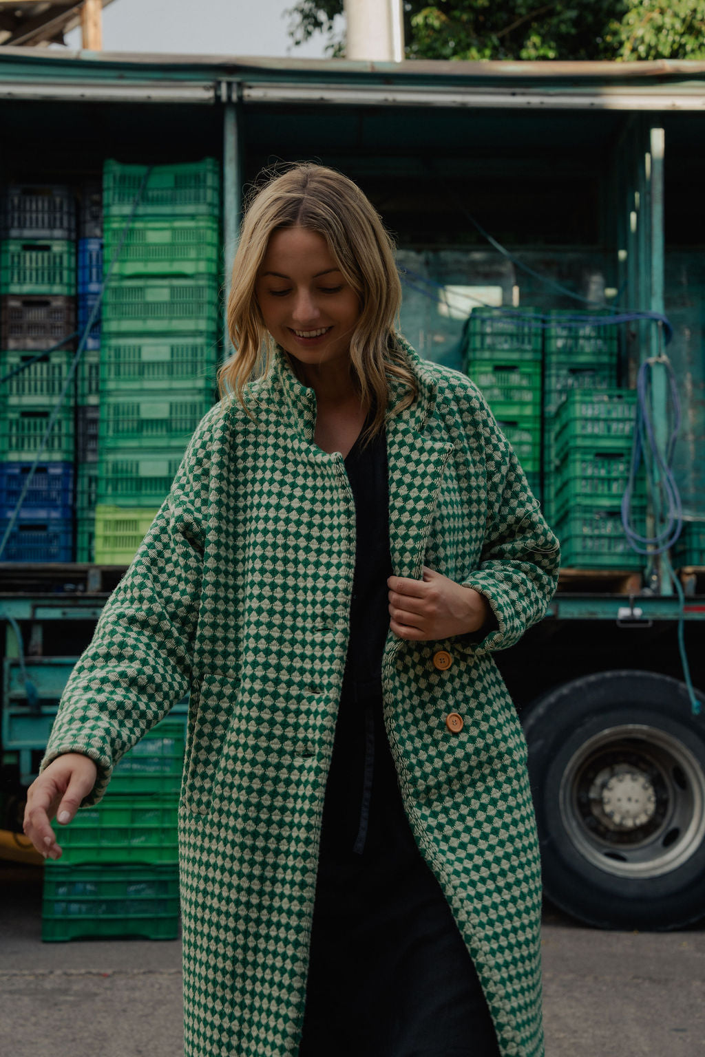 Portuguese Wool Polly Coat in Green and White Check Made to Order