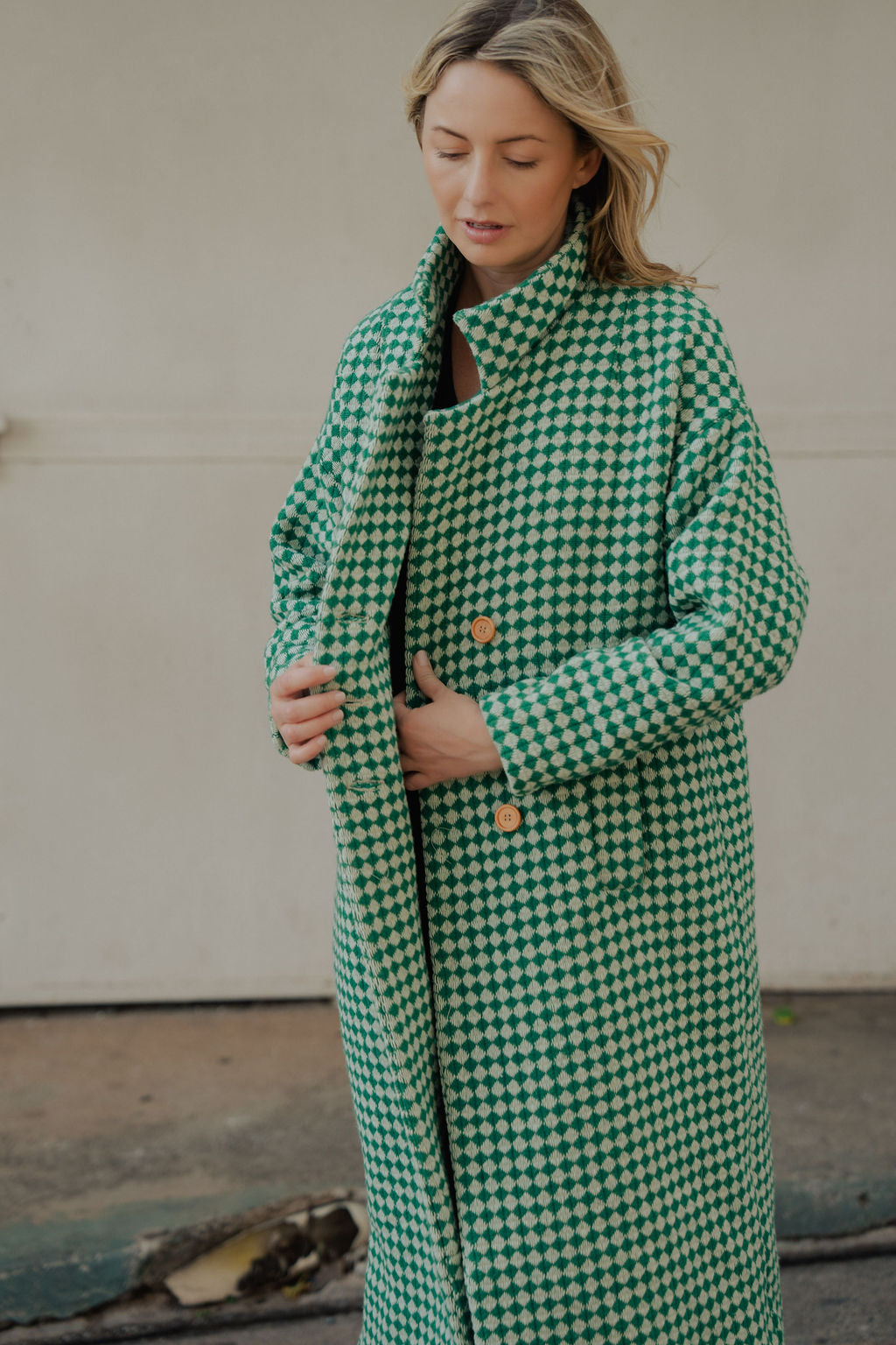 Portuguese Wool Polly Coat in Green and White Check Made to Order