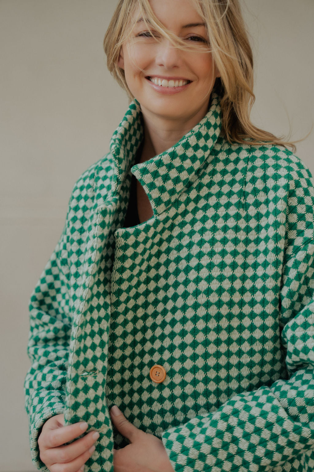 Portuguese Wool Polly Coat in Green and White Check Made to Order