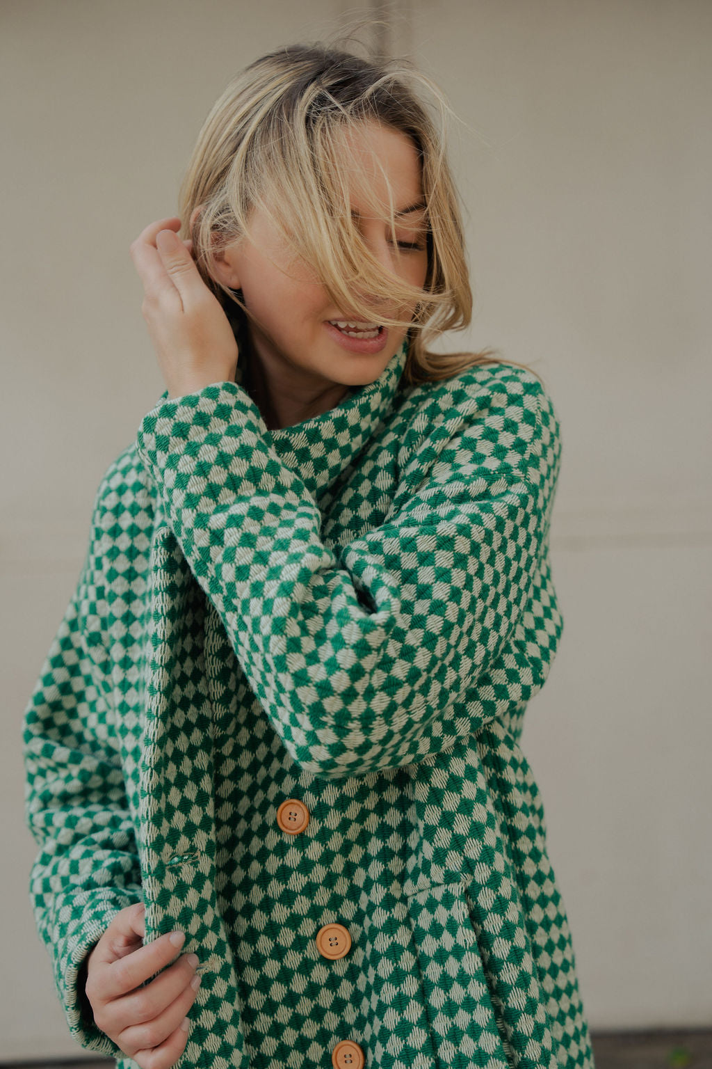 Portuguese Wool Polly Coat in Green and White Check Made to Order