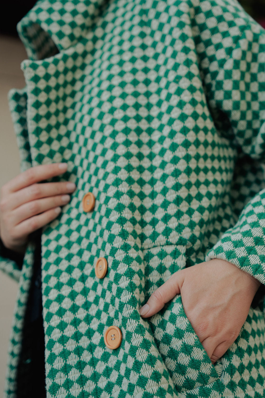 Portuguese Wool Polly Coat in Green and White Check Made to Order