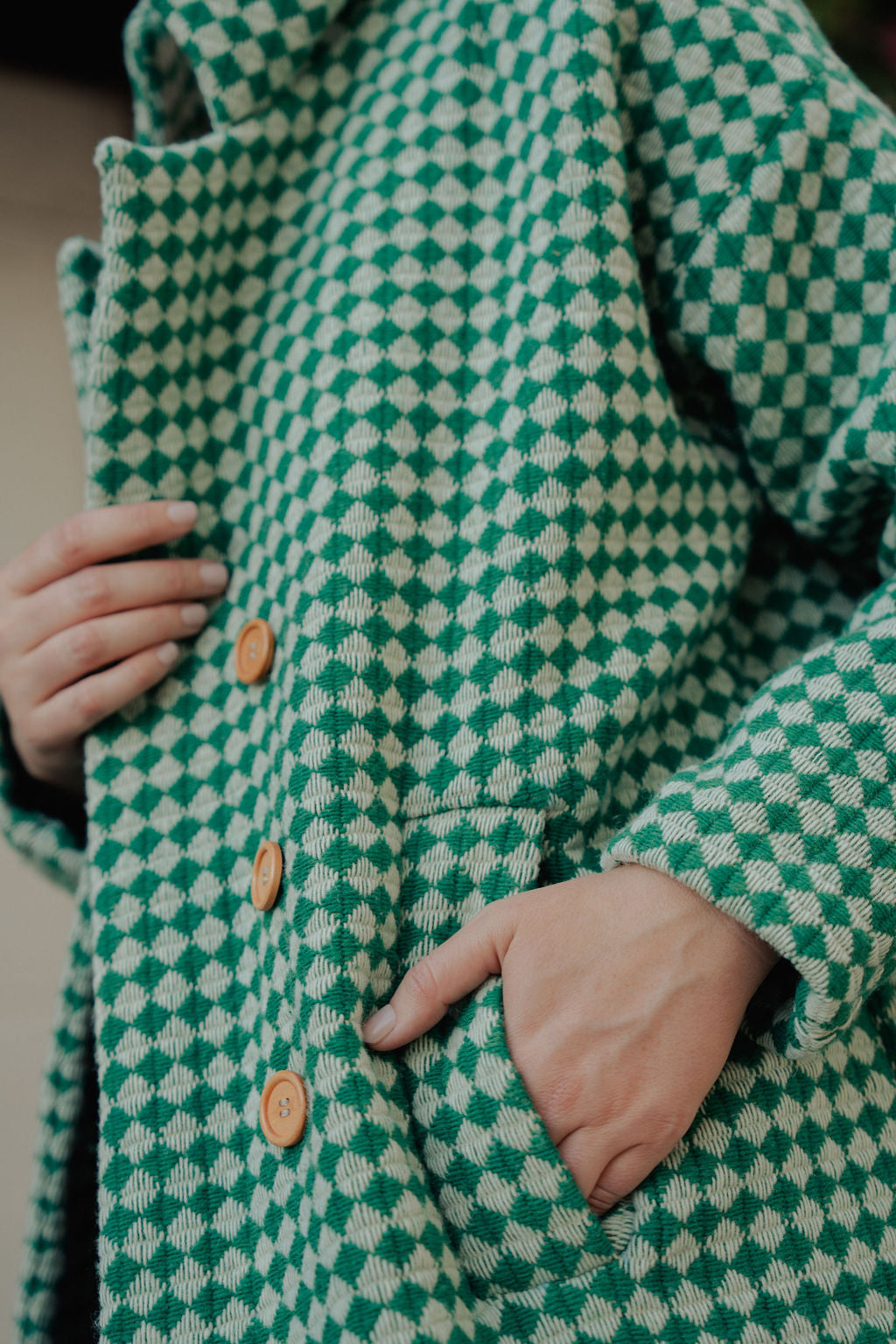 Portuguese Wool Polly Coat in Green and White Check Made to Order