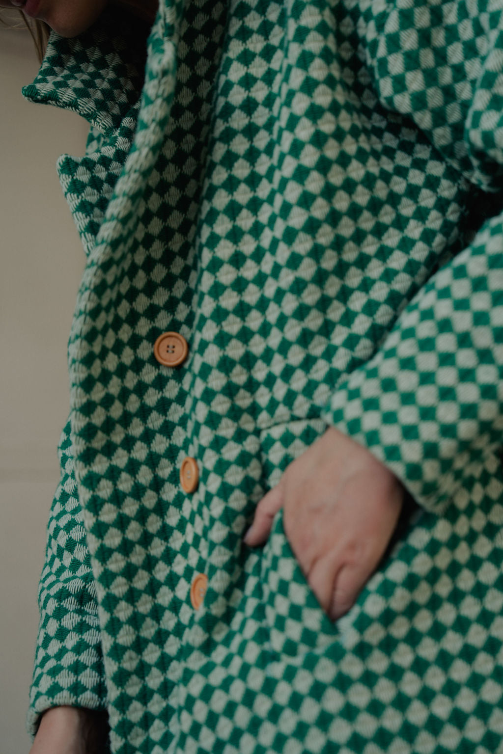Portuguese Wool Polly Coat in Green and White Check Made to Order