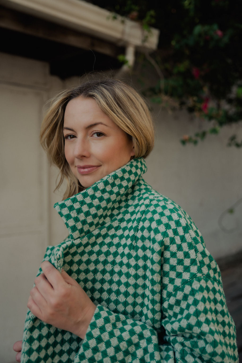 Portuguese Wool Polly Coat in Green and White Check Made to Order