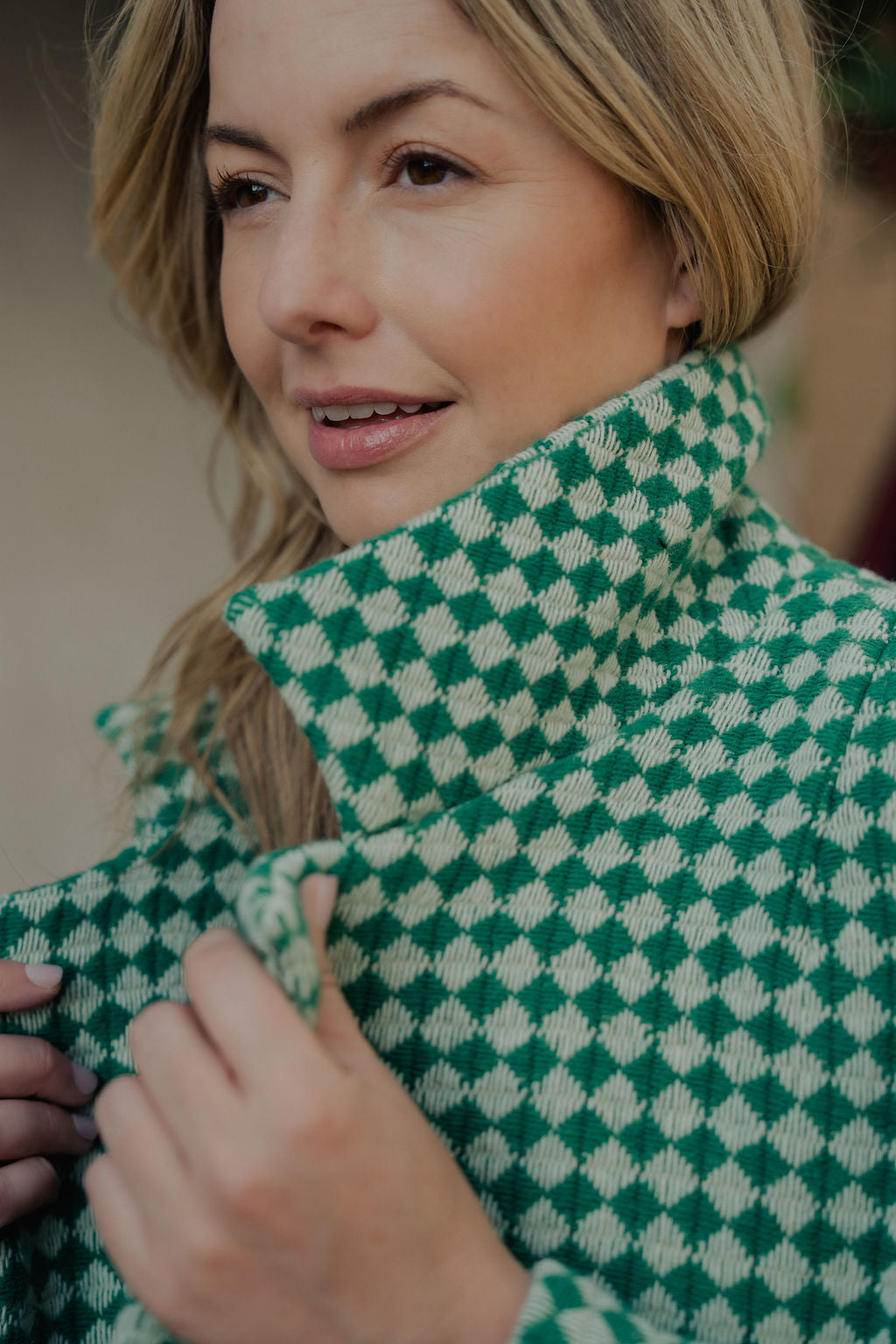 Portuguese Wool Polly Coat in Green and White Check Made to Order