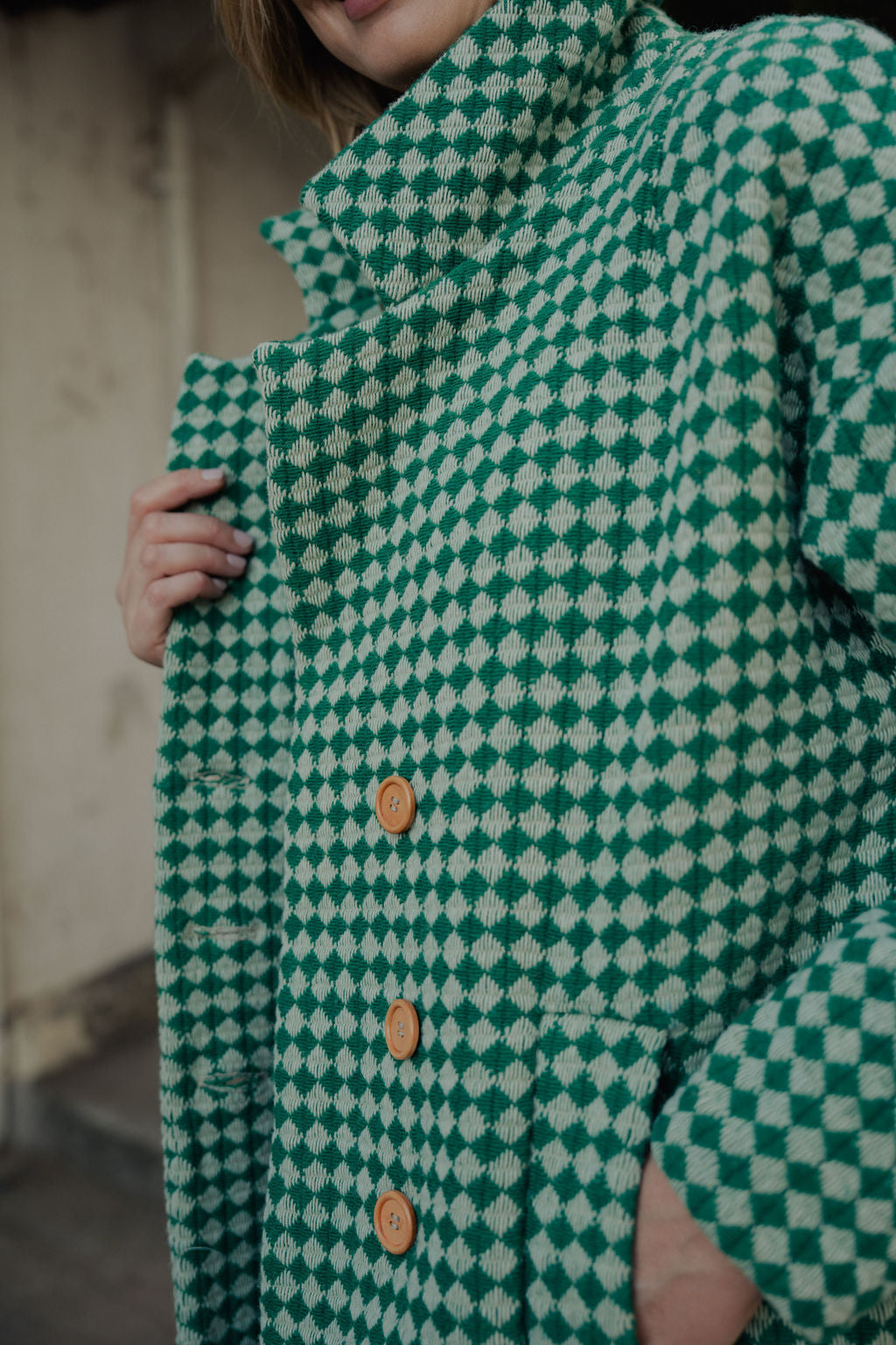Portuguese Wool Polly Coat in Green and White Check Made to Order