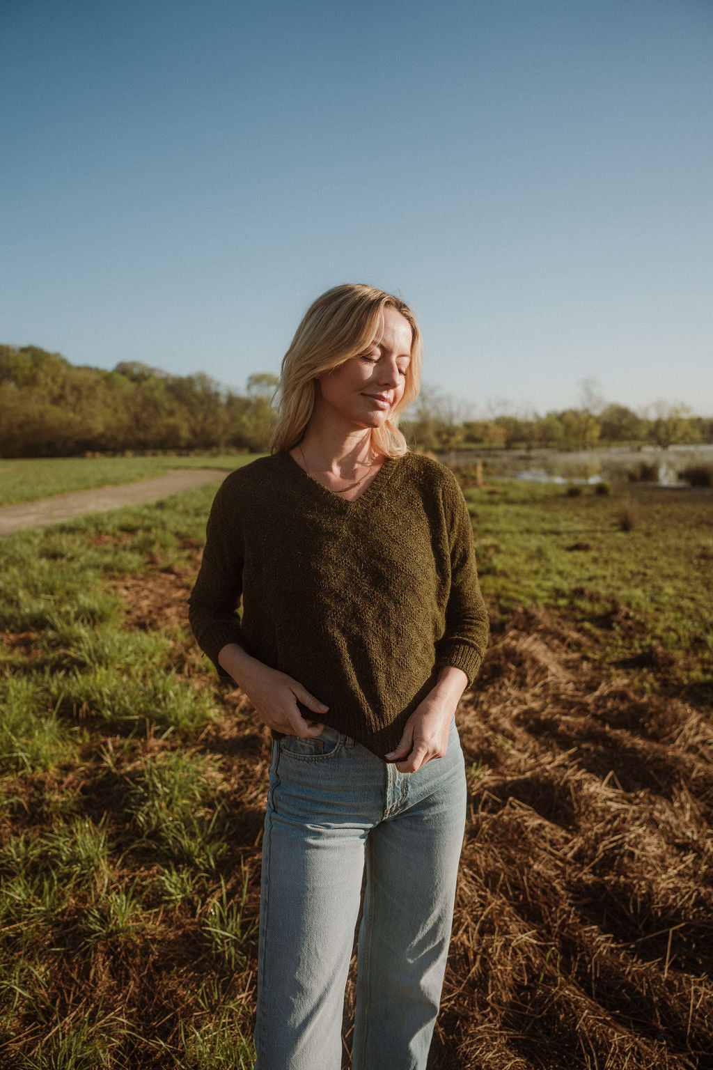 Alpaca Brenda Lace Knit Pullover in Dark Green