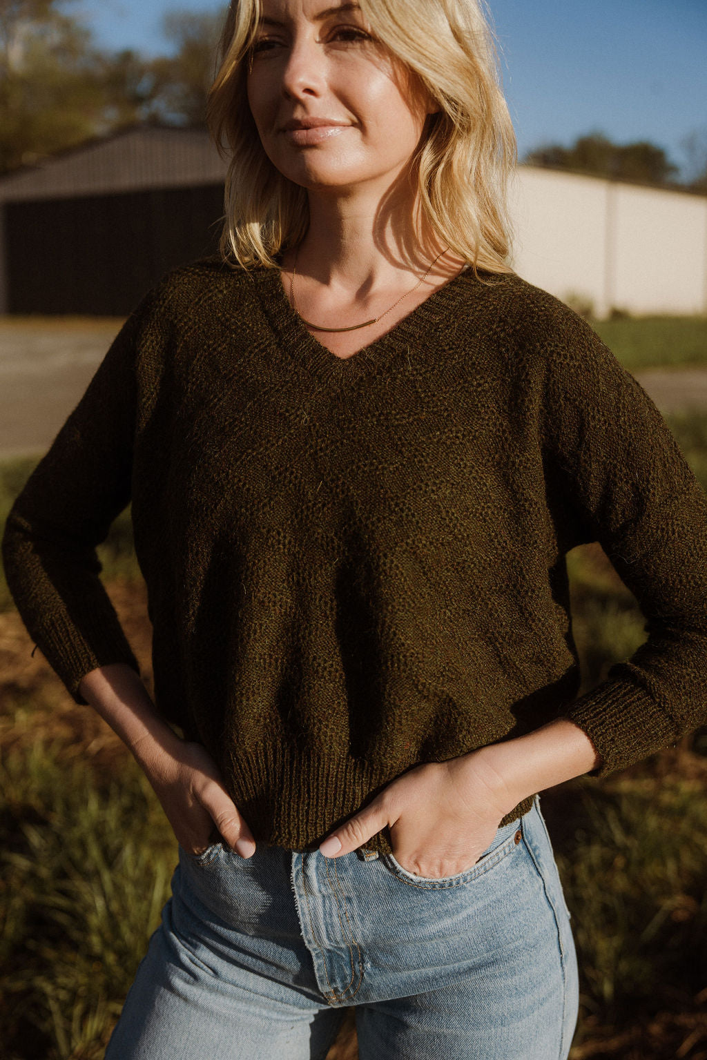 Alpaca Brenda Lace Knit Pullover in Dark Green