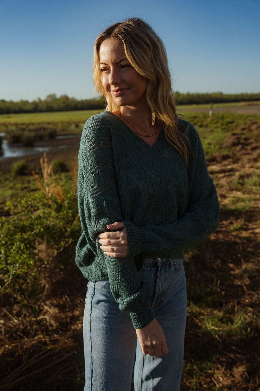 Alpaca Brenda Lace Knit Pullover in Teal