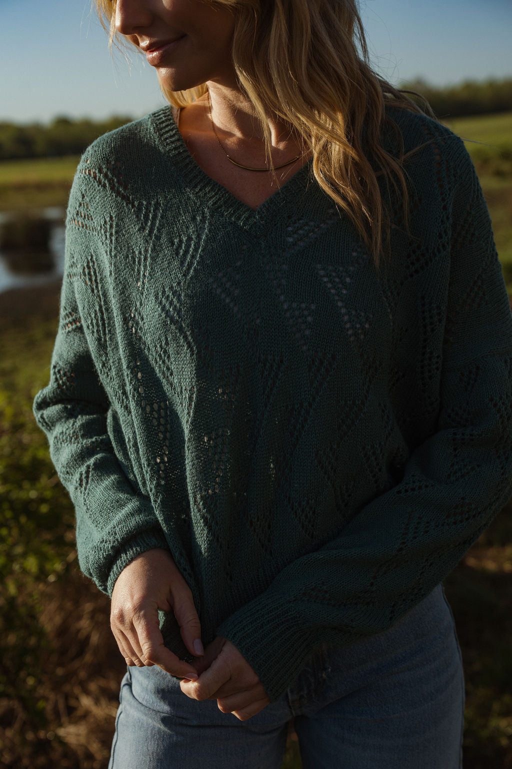 Alpaca Brenda Lace Knit Pullover in Teal