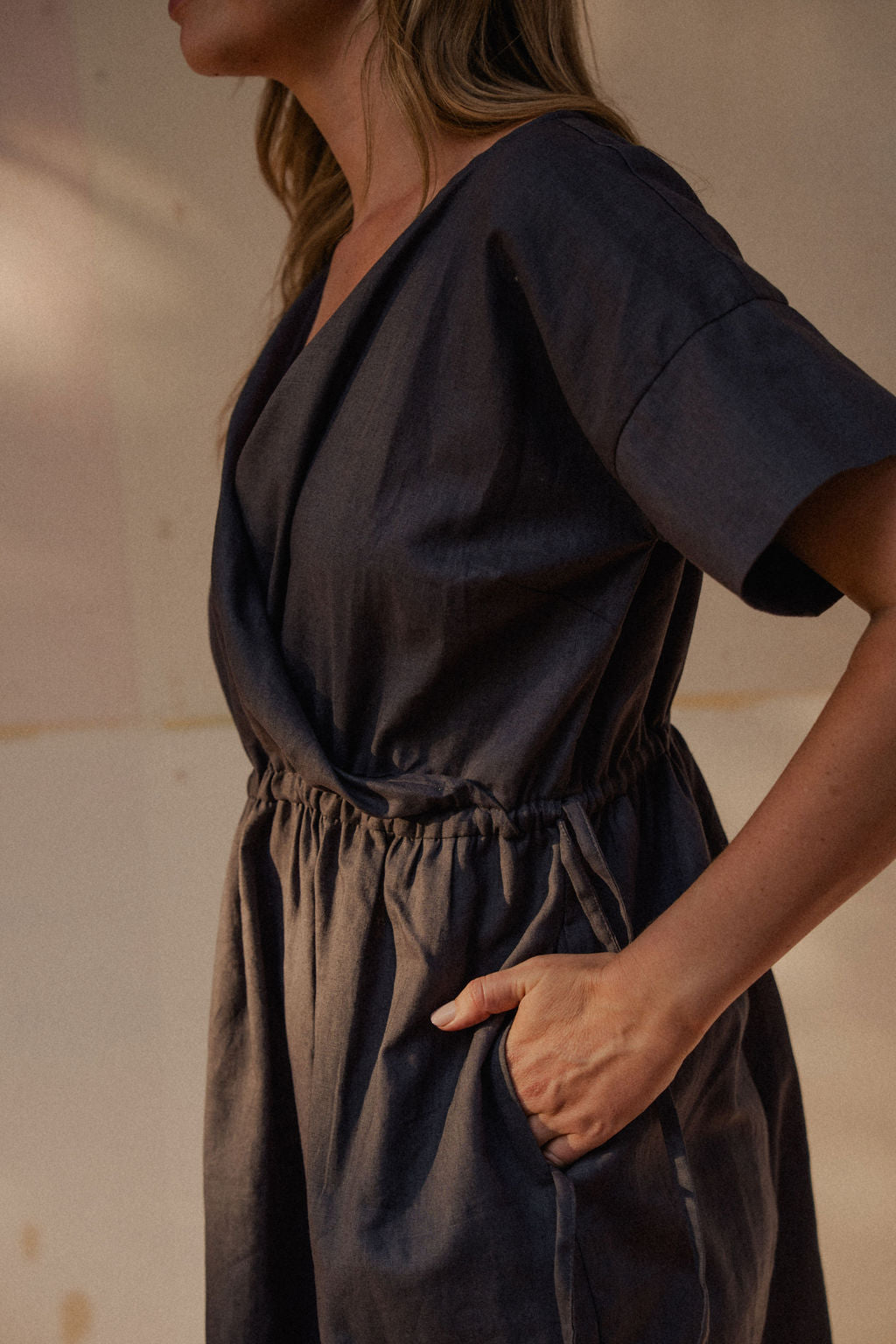 Rose Drawstring Dress in Pale Grey Linen
