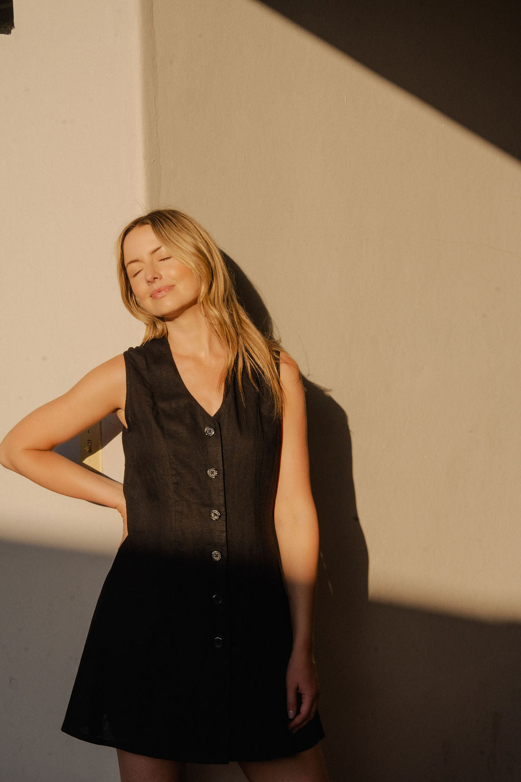 Marcy Mini Dress in Black Linen