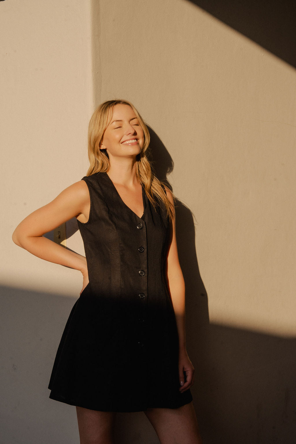 Marcy Mini Dress in Black Linen