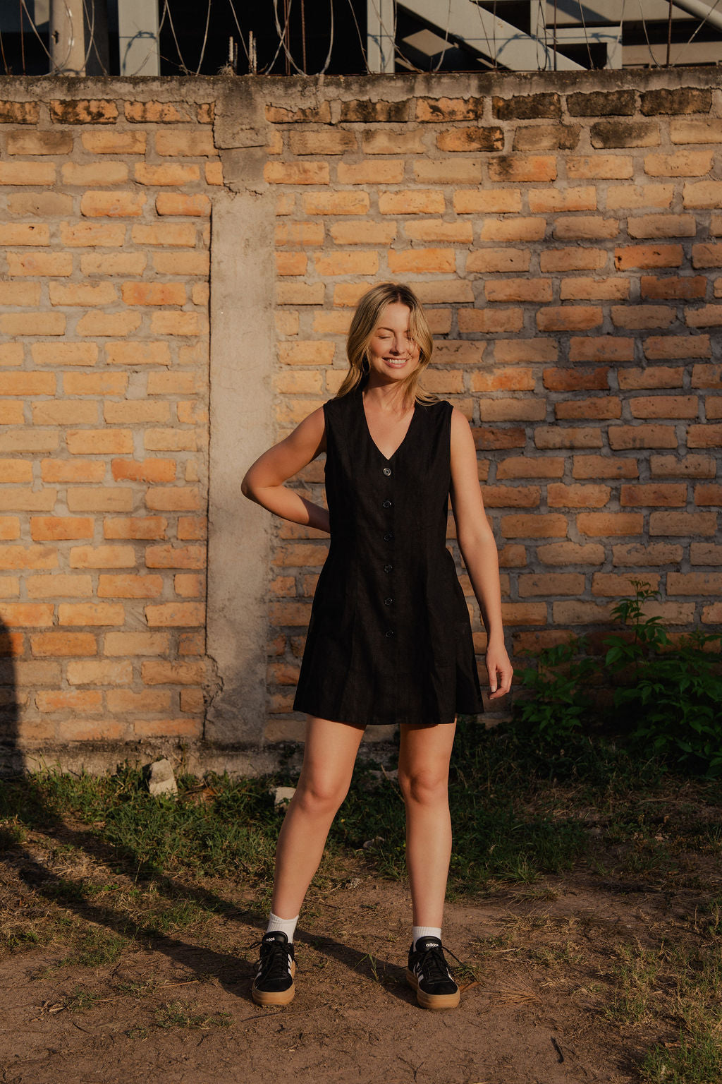Marcy Mini Dress in Black Linen
