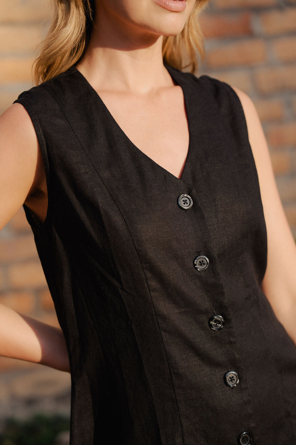 Marcy Mini Dress in Black Linen