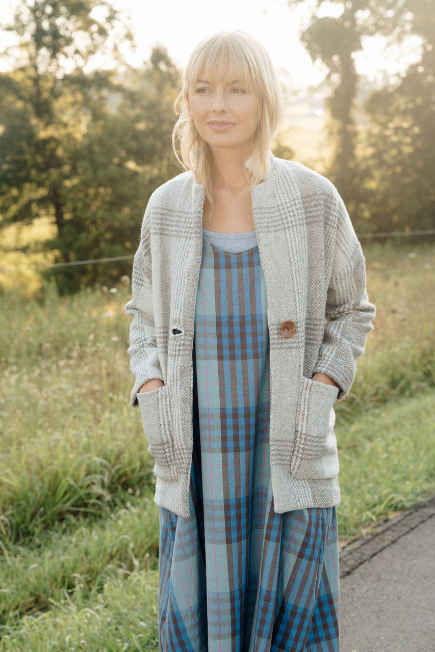 Portuguese Wool Pieper Coat in Cream and Brown Plaid Made to Order