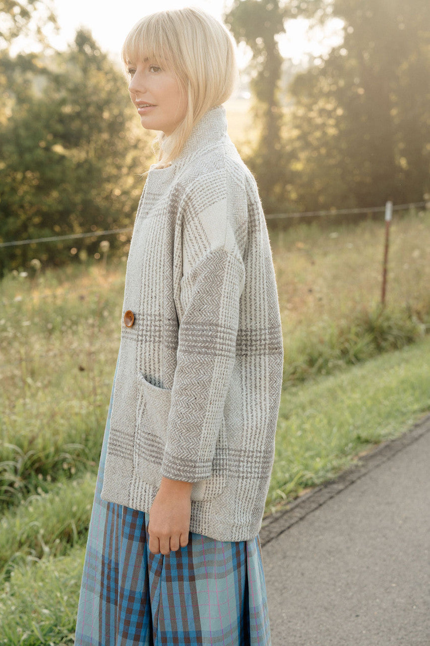 Portuguese Wool Pieper Coat in Cream and Brown Plaid Made to Order