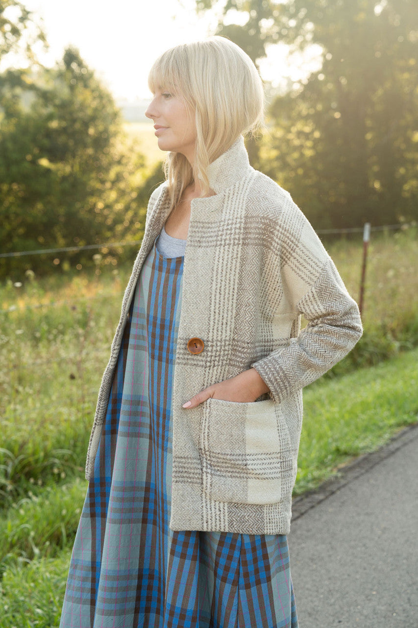Portuguese Wool Pieper Coat in Cream and Brown Plaid Made to Order