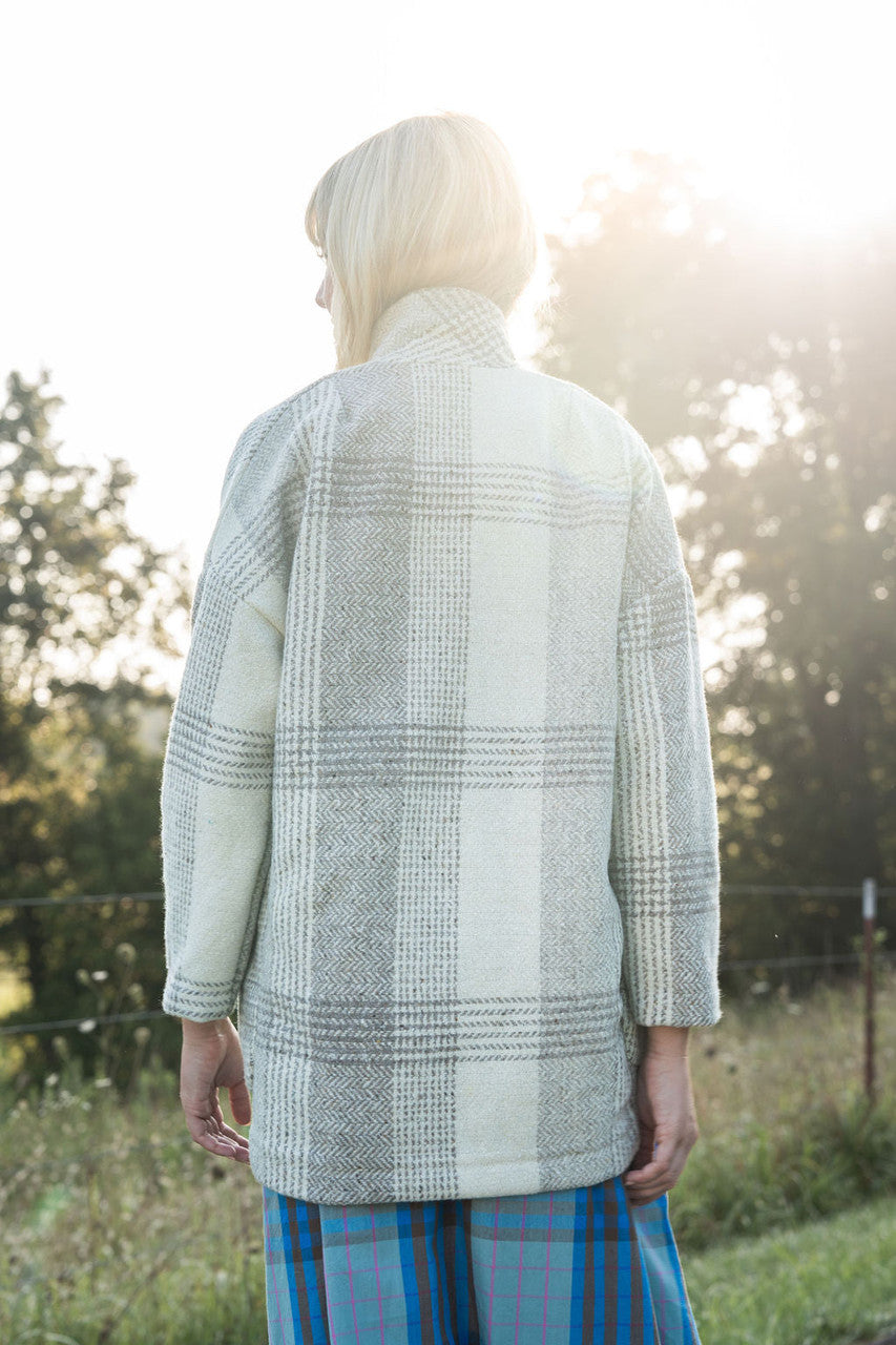 Portuguese Wool Pieper Coat in Cream and Brown Plaid Made to Order