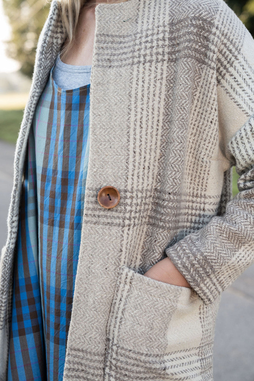 Portuguese Wool Pieper Coat in Cream and Brown Plaid Made to Order