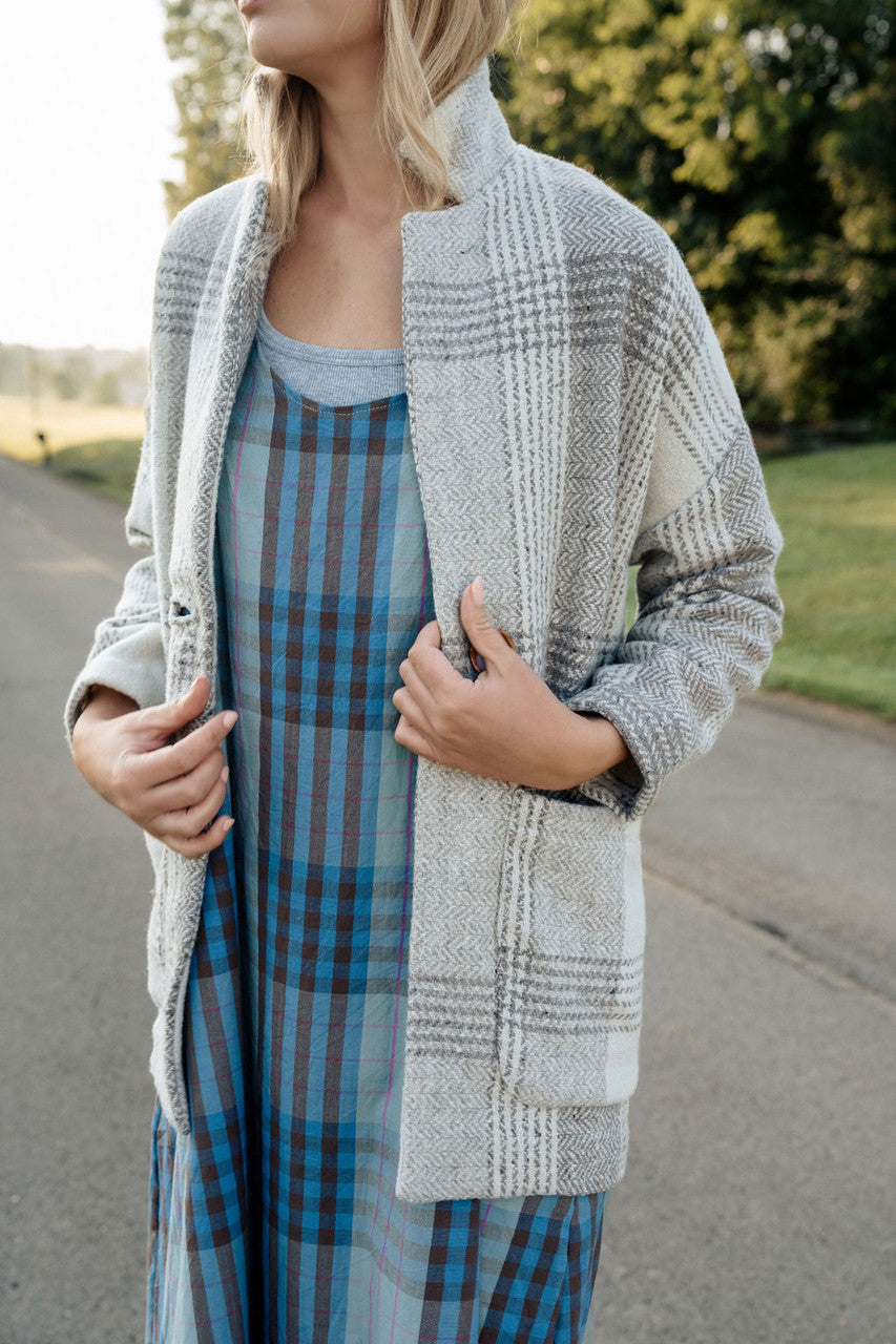 Portuguese Wool Pieper Coat in Cream and Brown Plaid Made to Order
