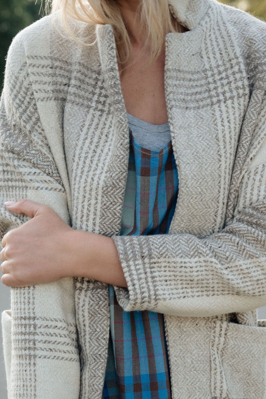 Portuguese Wool Pieper Coat in Cream and Brown Plaid Made to Order