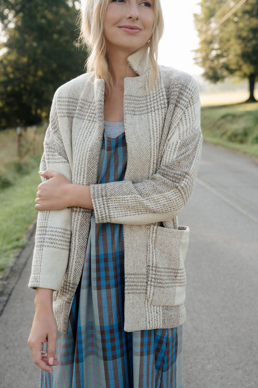 Portuguese Wool Pieper Coat in Cream and Brown Plaid Made to Order