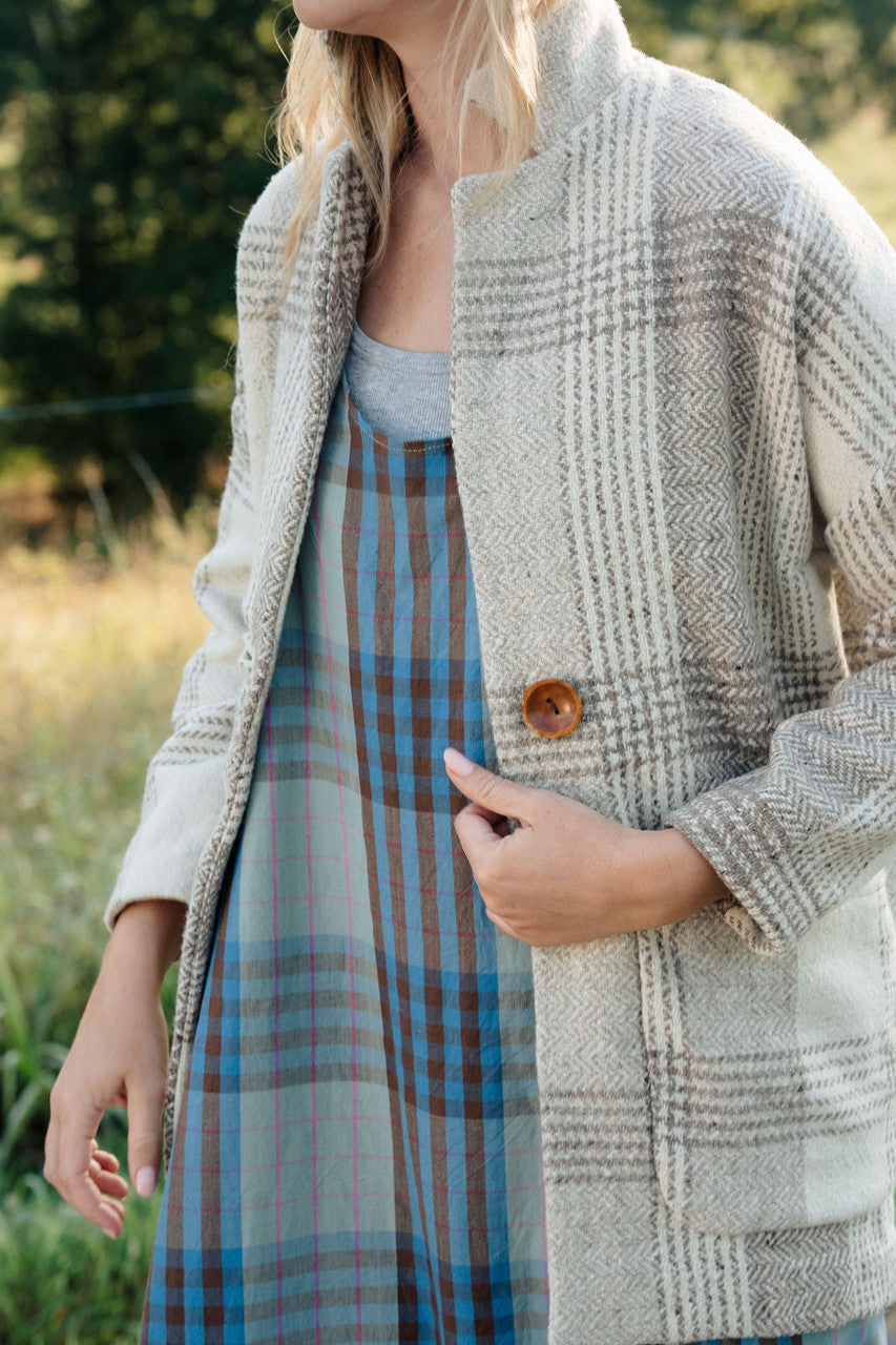 Portuguese Wool Pieper Coat in Cream and Brown Plaid Made to Order