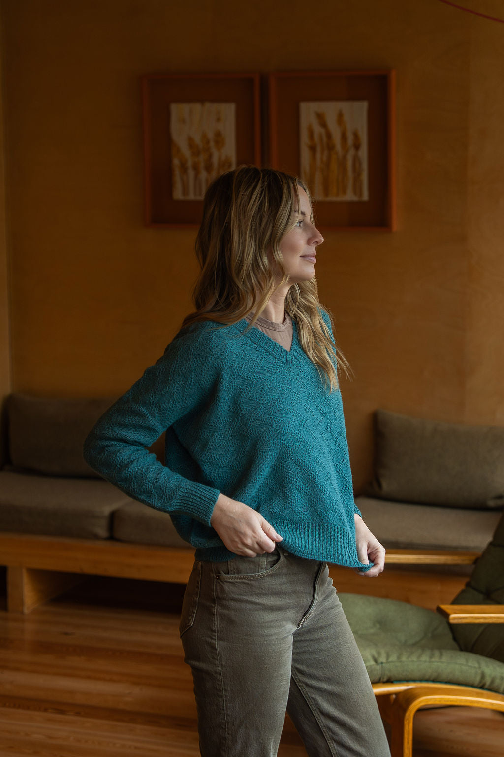Alpaca Brenda Lace Knit Pullover in Teal
