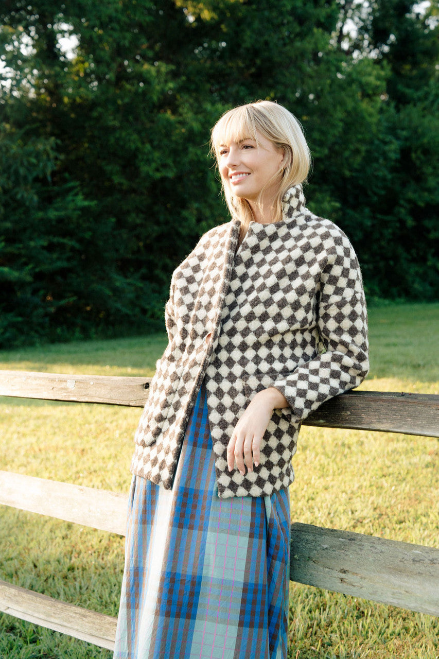 Portuguese Wool Pieper Coat in Brown and Cream Check Made to Order