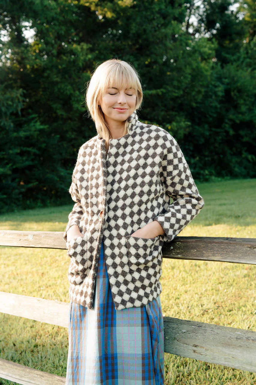 Portuguese Wool Pieper Coat in Brown and Cream Check Made to Order