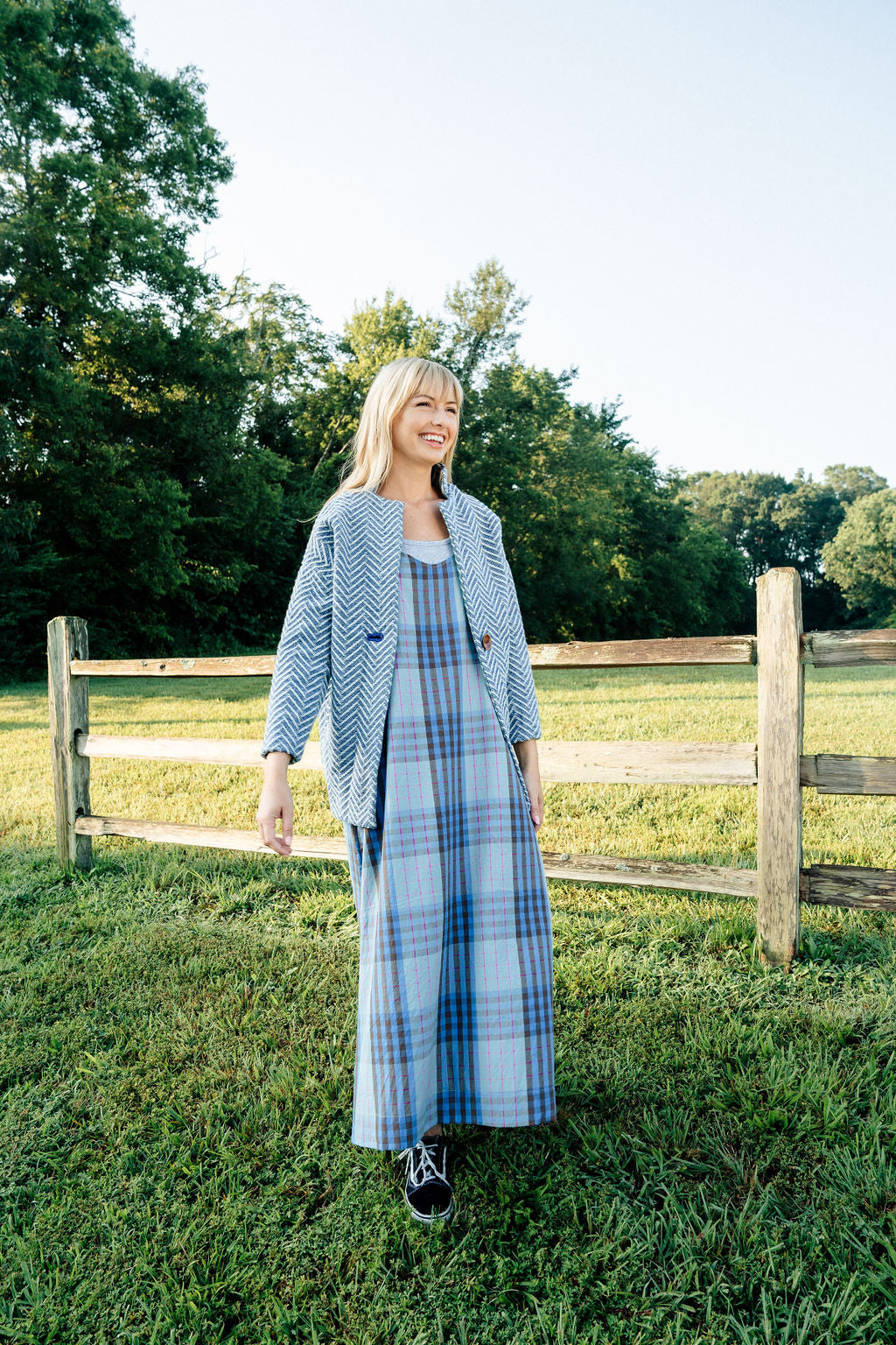 Portuguese Wool Pieper Coat in Cobalt and Cream Herringbone Made to Order