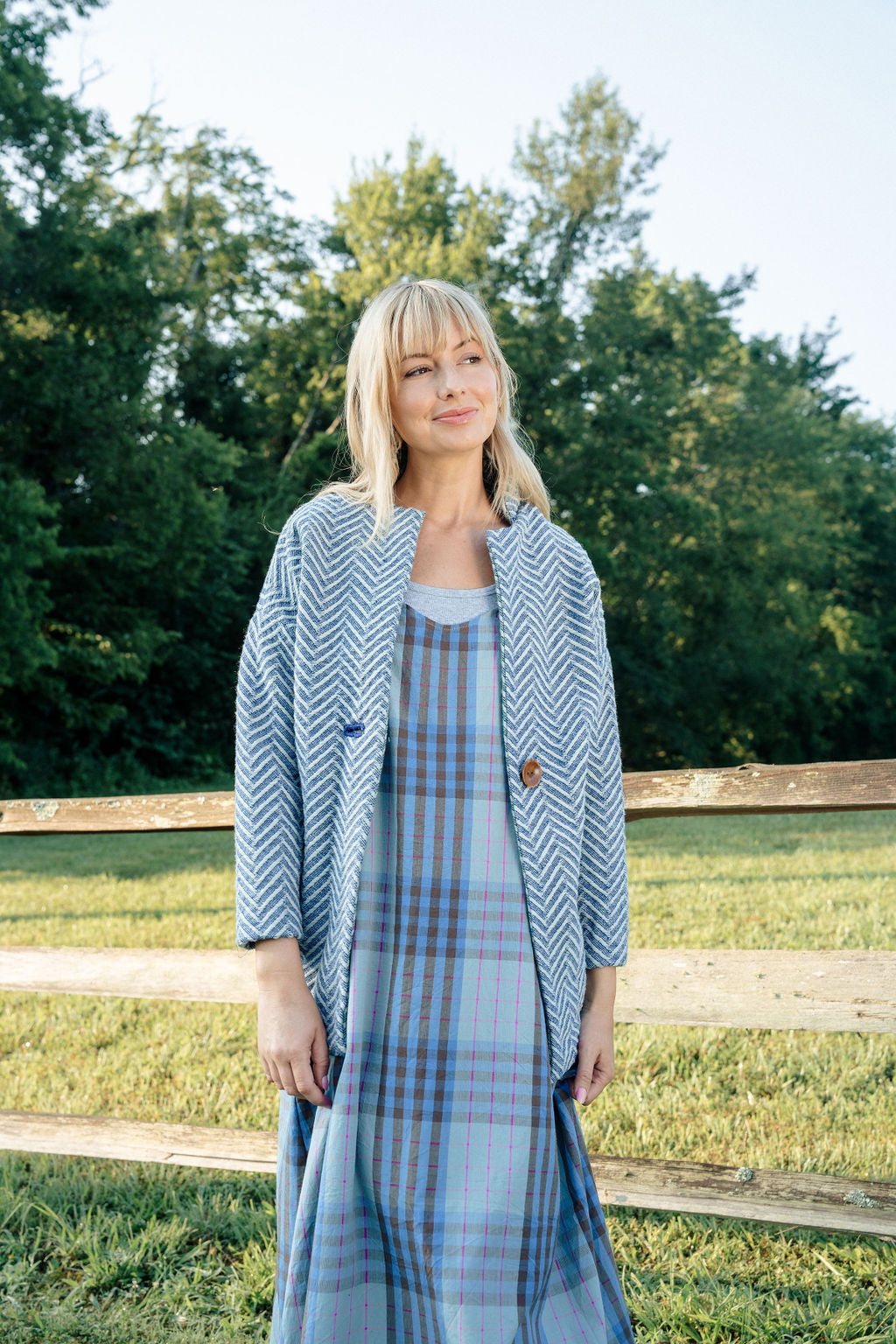 Portuguese Wool Pieper Coat in Cobalt and Cream Herringbone Made to Order