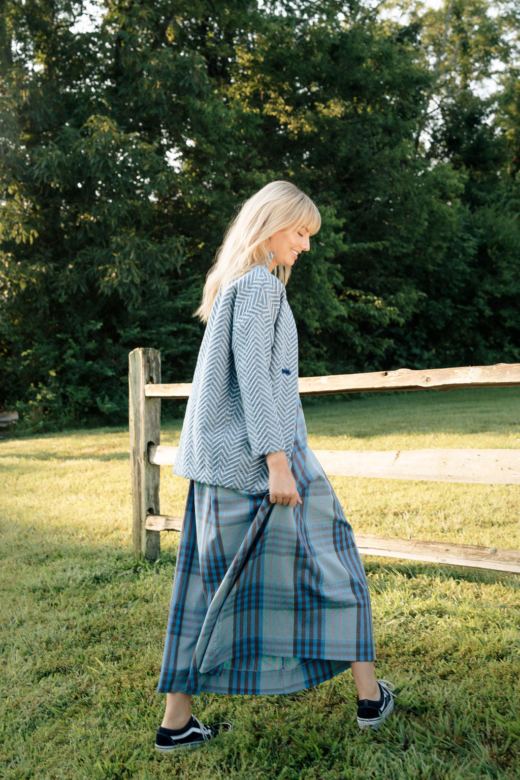 Portuguese Wool Pieper Coat in Cobalt and Cream Herringbone Made to Order