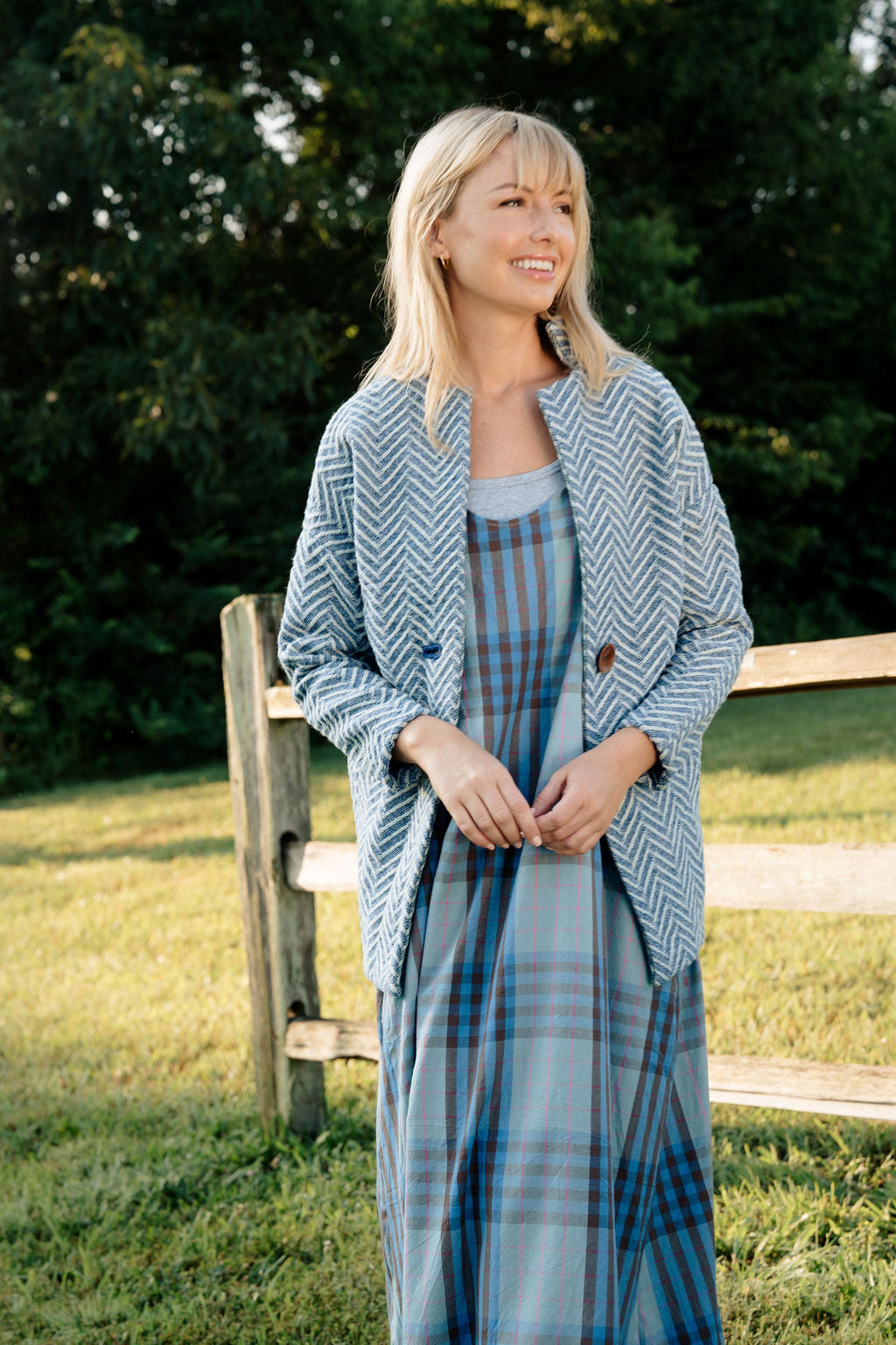 Portuguese Wool Pieper Coat in Cobalt and Cream Herringbone Made to Order