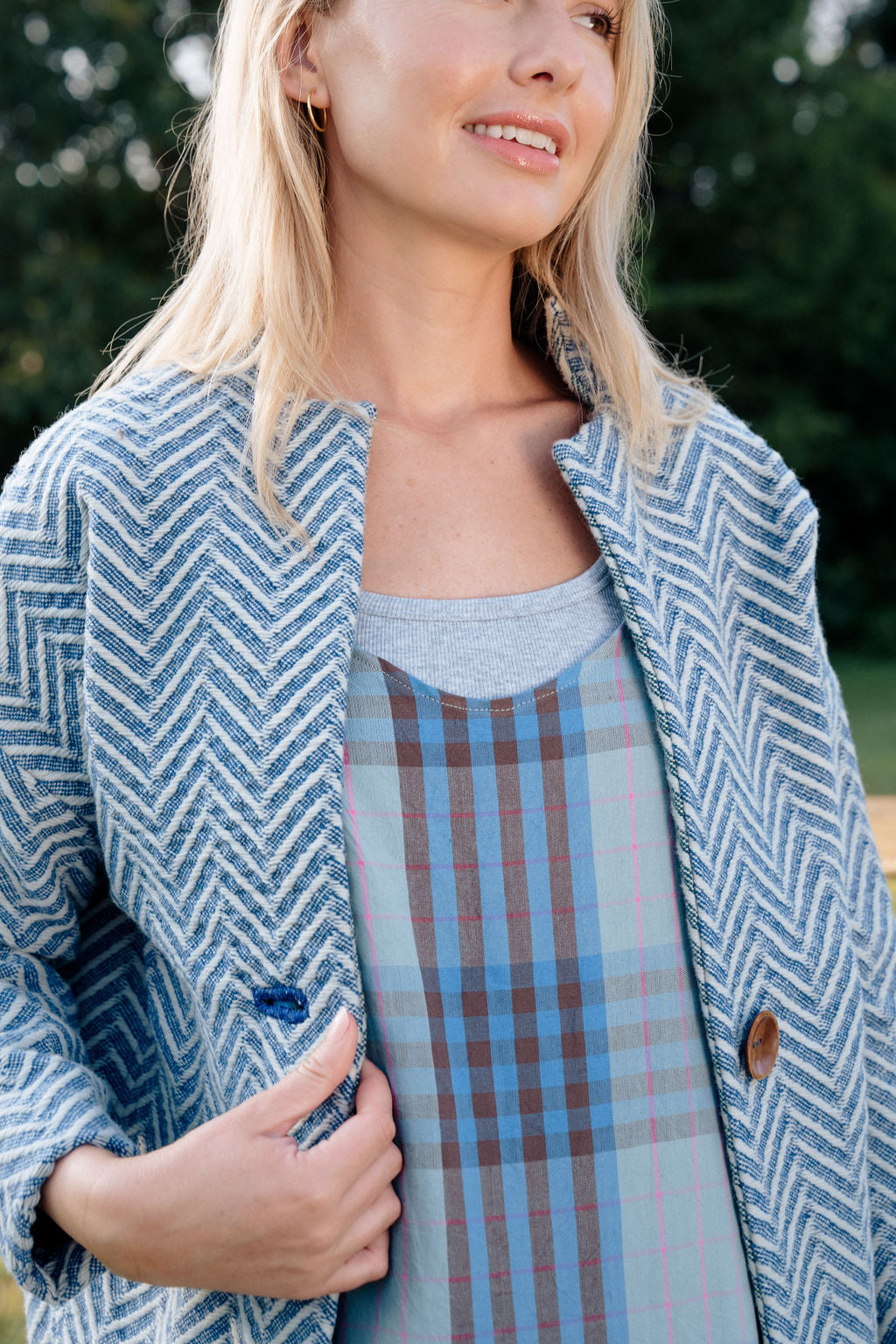Portuguese Wool Pieper Coat in Cobalt and Cream Herringbone Made to Order