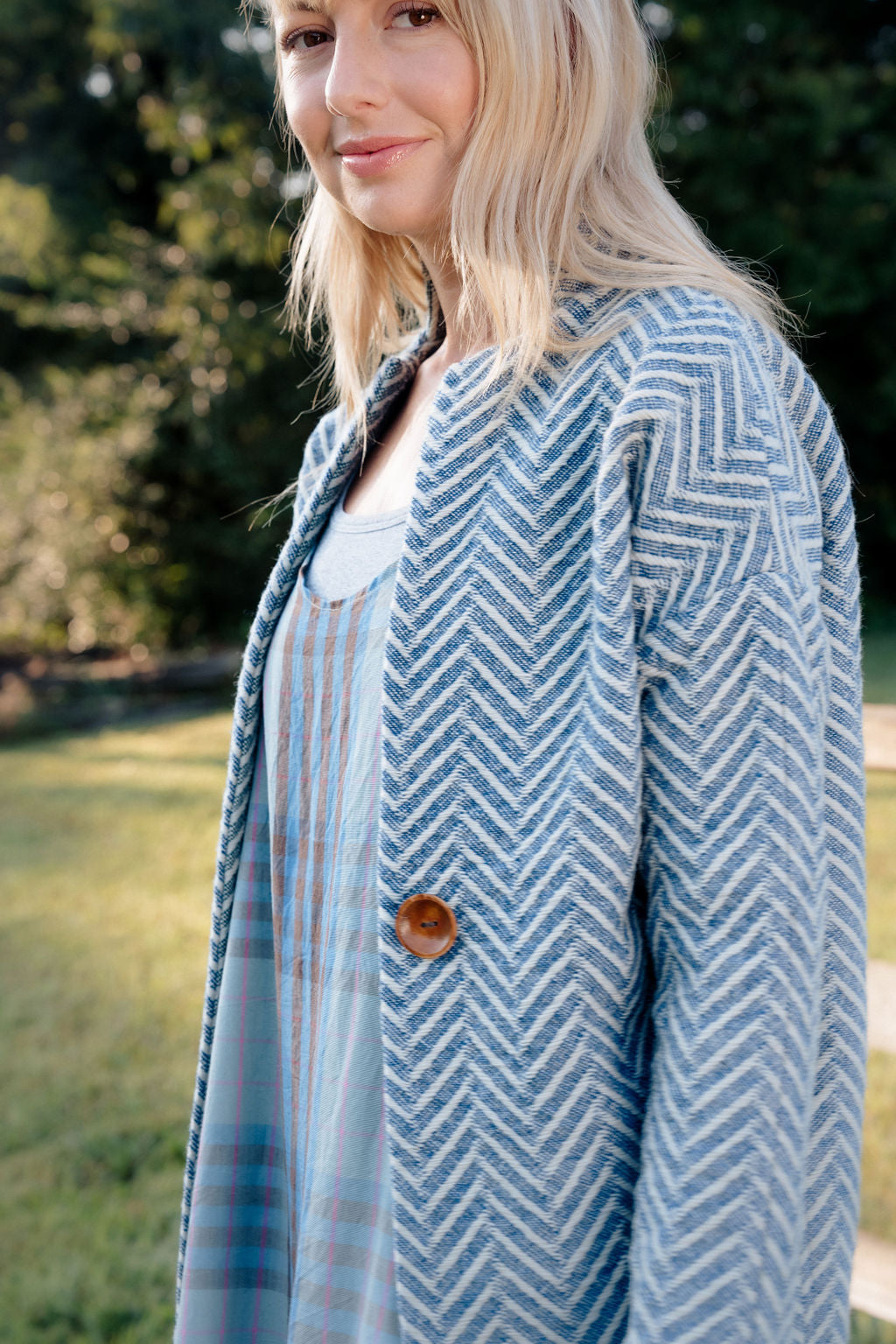 Portuguese Wool Pieper Coat in Cobalt and Cream Herringbone Made to Order