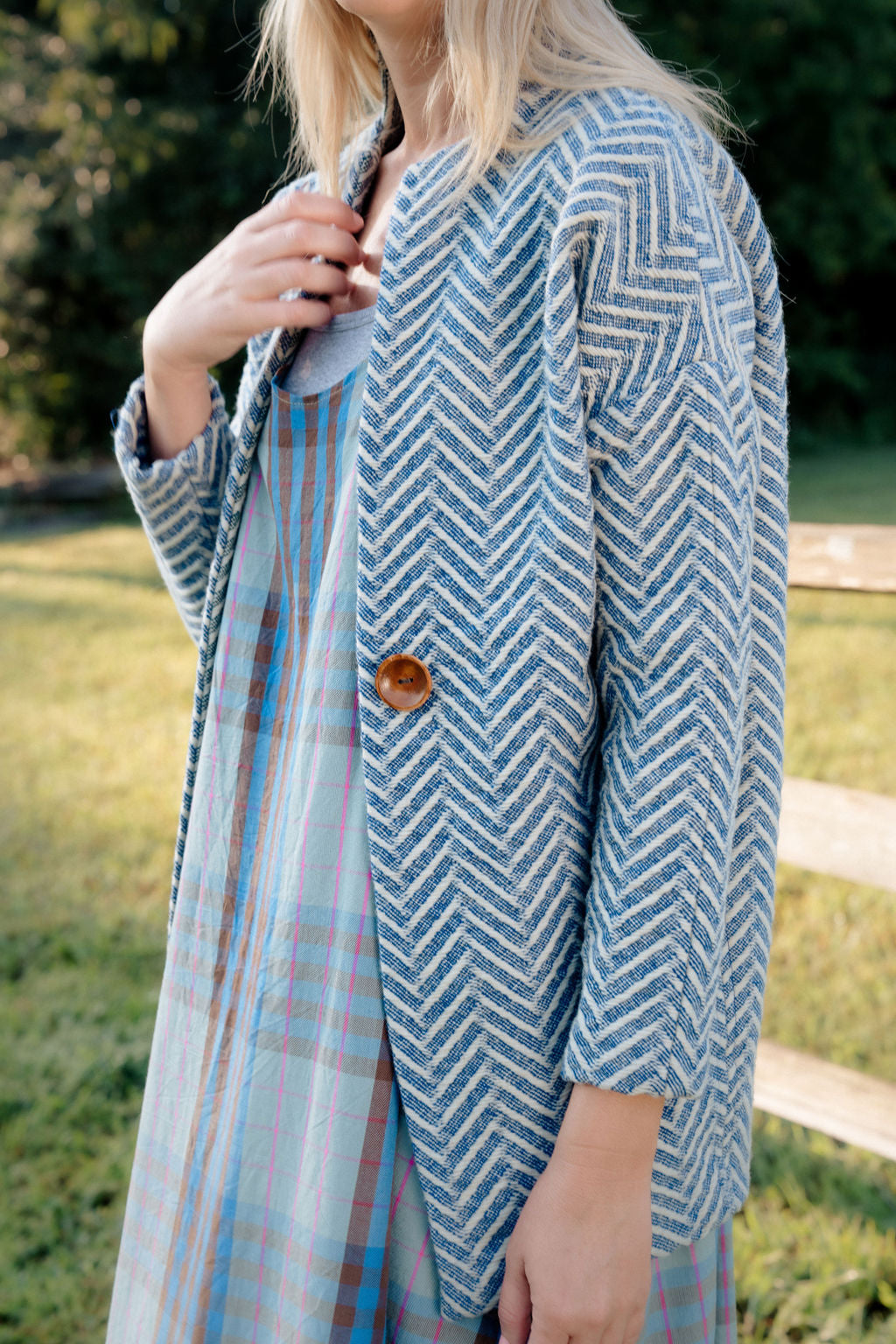 Portuguese Wool Pieper Coat in Cobalt and Cream Herringbone Made to Order