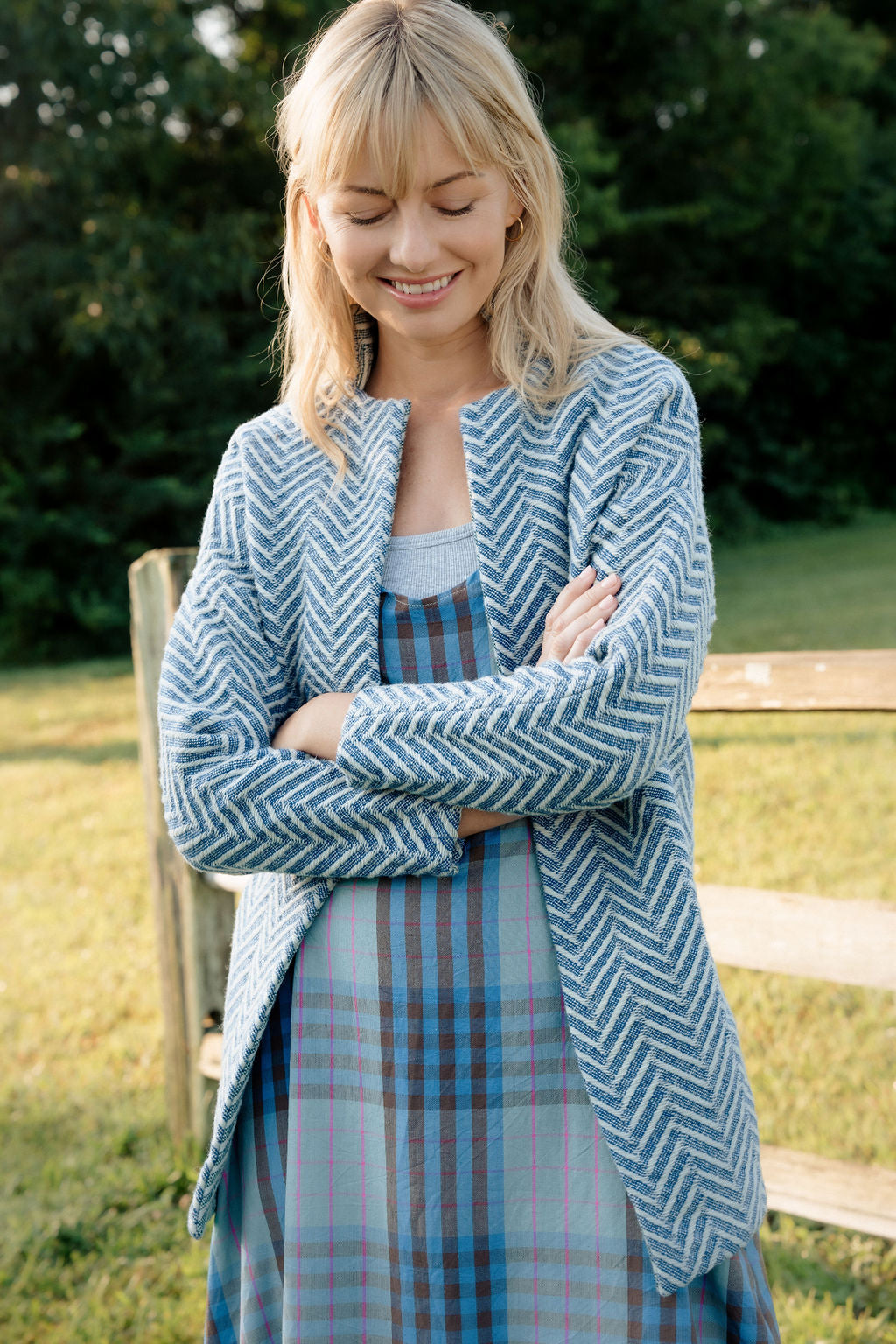 Portuguese Wool Pieper Coat in Cobalt and Cream Herringbone Made to Order