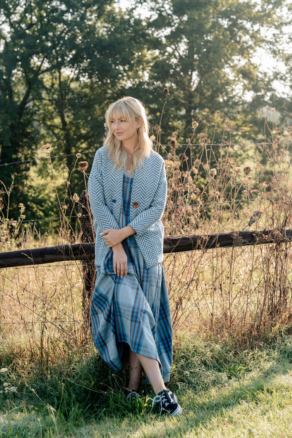 Portuguese Wool Pieper Coat in Cobalt and Cream Herringbone Made to Order