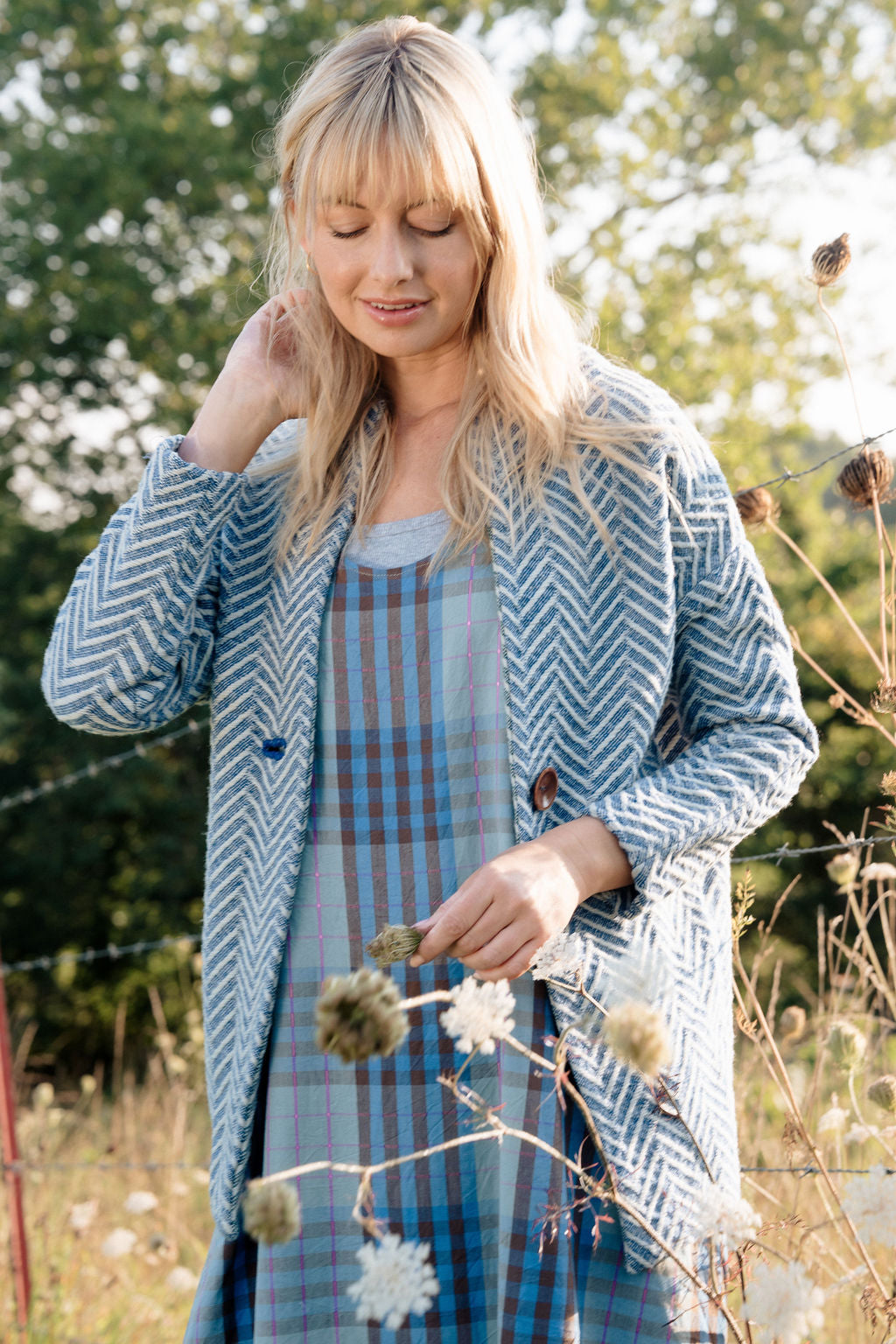 Portuguese Wool Pieper Coat in Cobalt and Cream Herringbone Made to Order