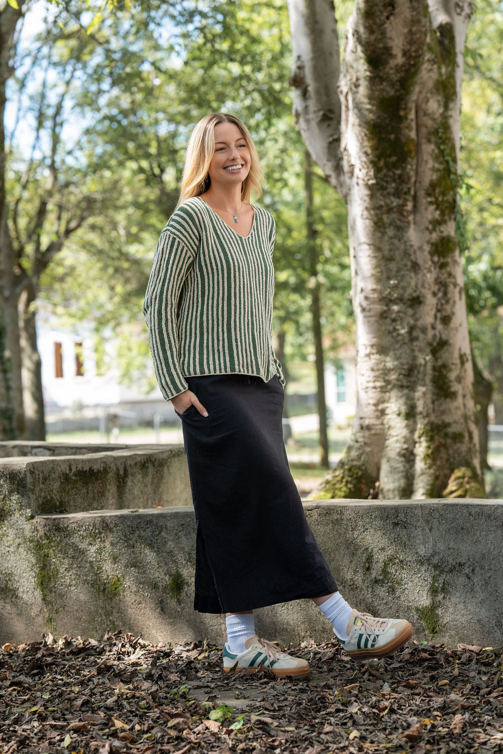 Finn V-Neck Cotton Sweater in Sage and Cream Made to Order