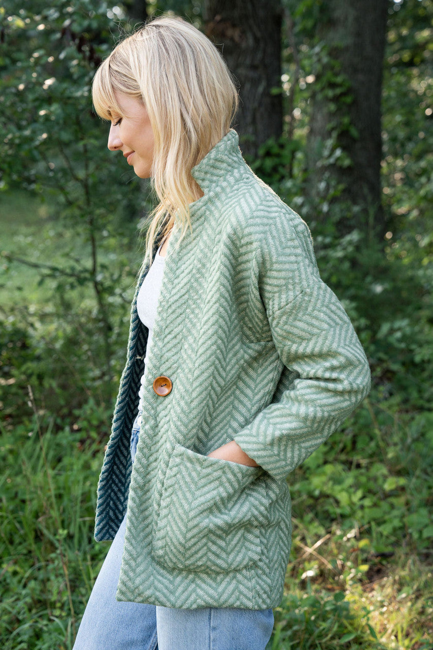 Portuguese Wool Pieper Coat in Mint Herringbone Made to Order - M Left