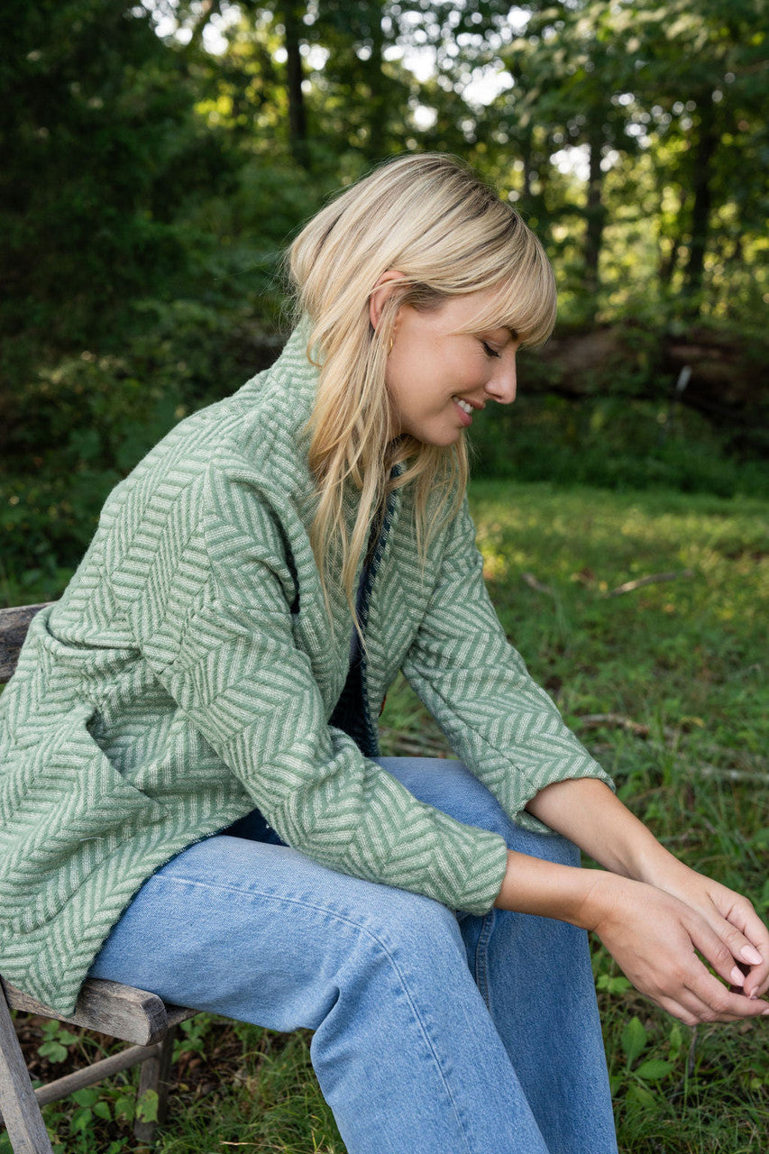 Portuguese Wool Pieper Coat in Mint Herringbone Made to Order - M Left