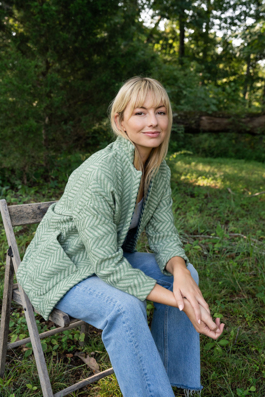 Portuguese Wool Pieper Coat in Mint Herringbone Made to Order - M Left