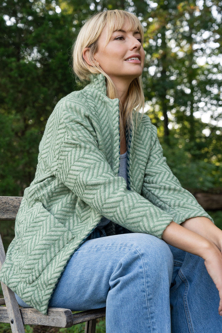 Portuguese Wool Pieper Coat in Mint Herringbone Made to Order - M Left
