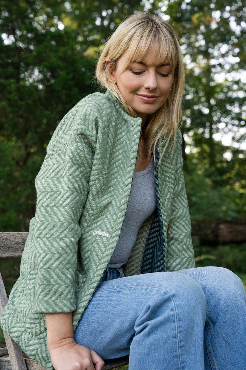 Portuguese Wool Pieper Coat in Mint Herringbone Made to Order - M Left