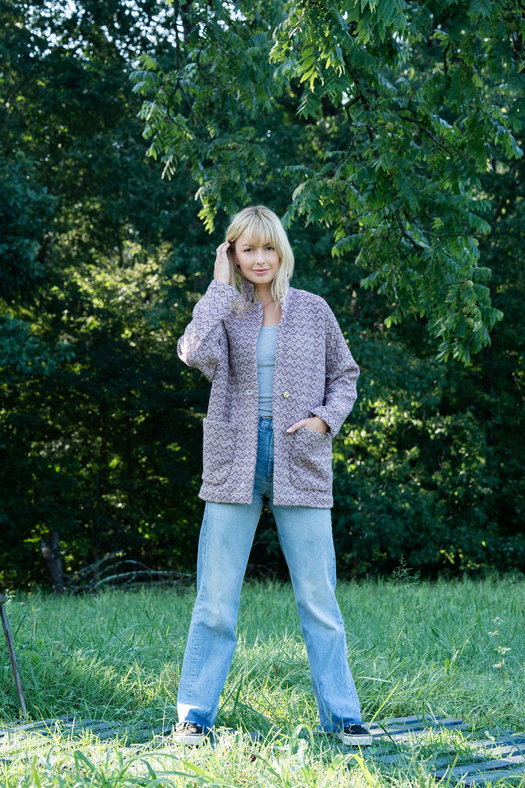 Portuguese Wool Pieper Coat in Purple Dot Made to Order