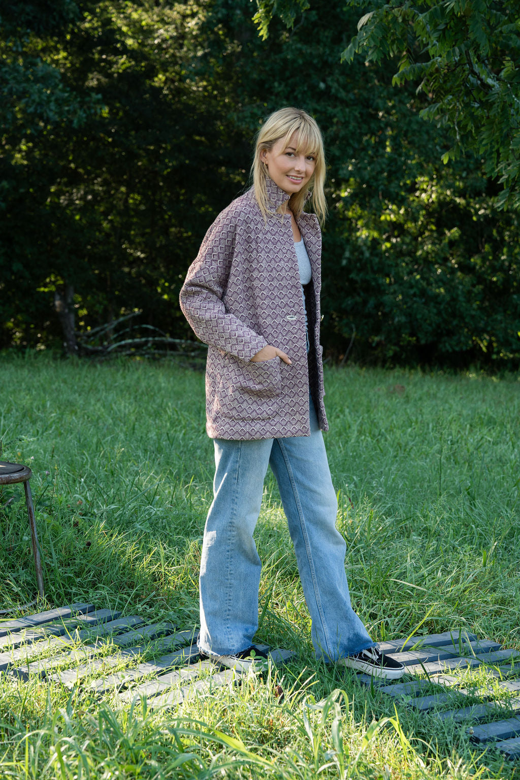 Portuguese Wool Pieper Coat in Purple Dot Made to Order