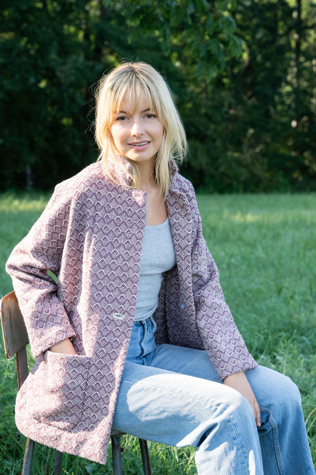 Portuguese Wool Pieper Coat in Purple Dot Made to Order